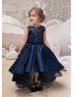 Hi Low Navy Blue Lace Satin Long Flower Girl Dress